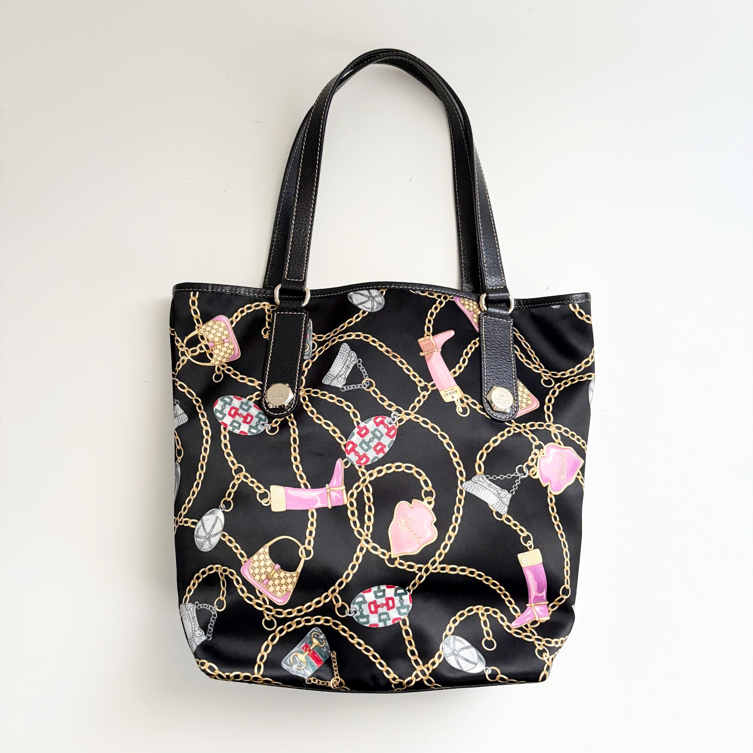 バッグ Gucci Vintage Satin Leather Tote Bag Gucci Vintage Chain Print Satin Leather Tote Bag - Etsy