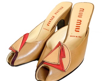 miu miu archive vintage flower design camel leather Mule sandals