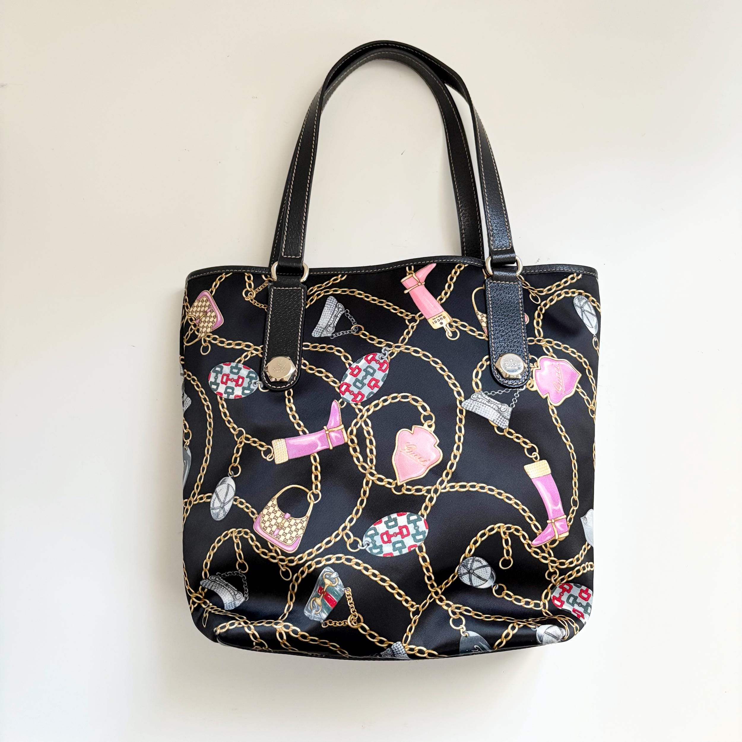 Gucci Vintage Chain Print Satin Leather Tote Bag - Etsy
