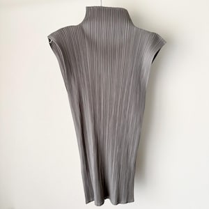 以下が含まれることがあります： ハイネックのノースリーブ、グレーのプリーツトップ。生地は縦のプリーツがあり、テクスチャード加工が施されています。白い背景に、金属製のハンガーに吊るされています。