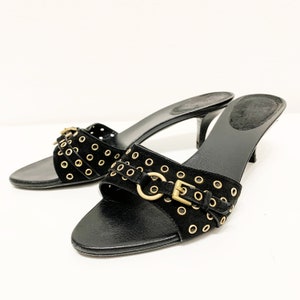 GUCCI for Tom Ford vintage Black Suede Gold punching belt design mule sandals