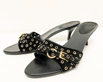 GUCCI for Tom Ford vintage Black Suede Gold punching belt design mule sandals