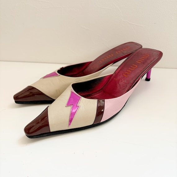 靴 archive MIUMIU Sequin Leather Mules Miu Miu Archive Vintage Lightning Bolt Leather Mule Pumps - Etsy