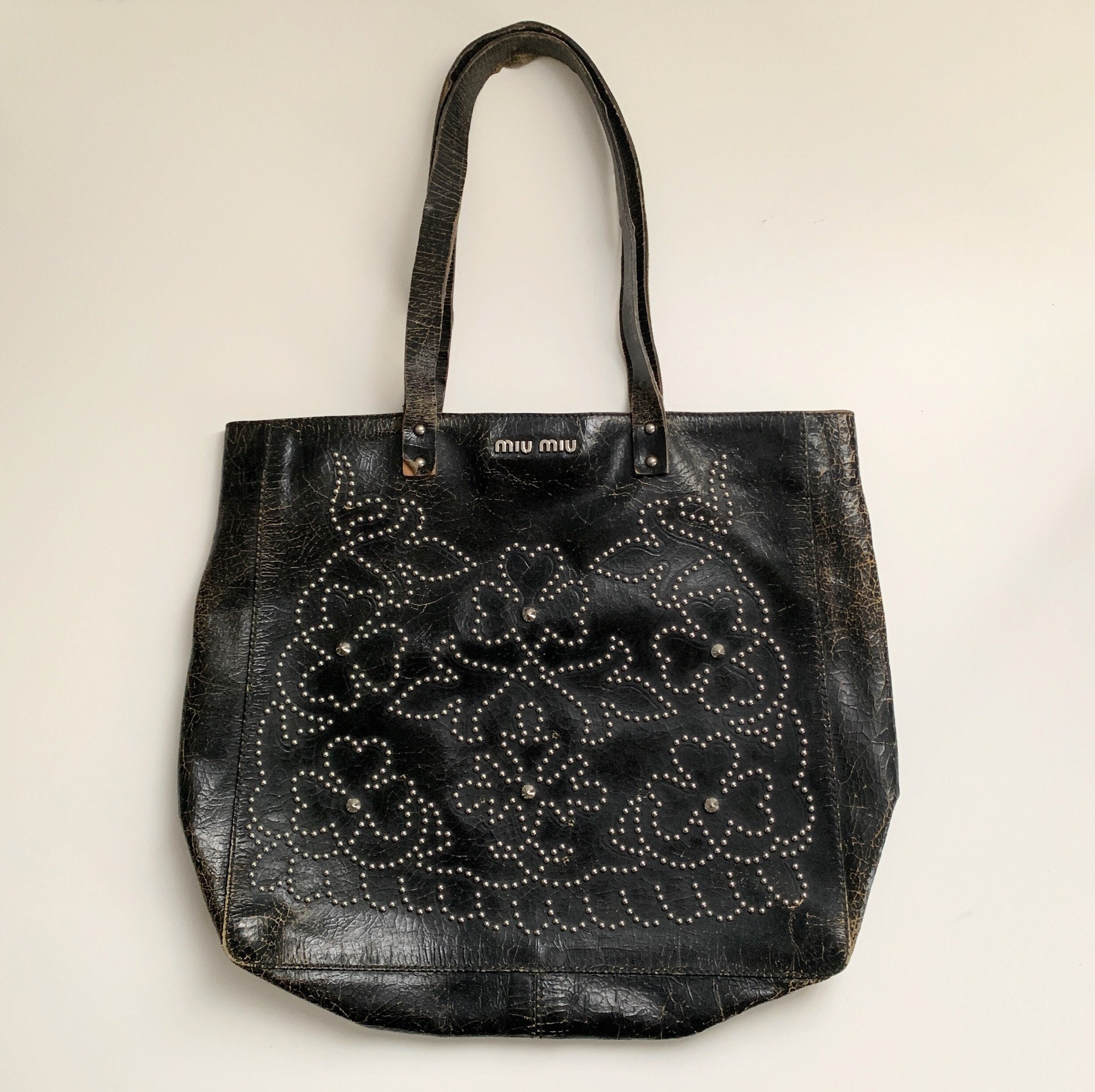 Miu Miu Vintage Cracking Leather Flower Pattern Studs Design Miu Miu Vintage Cracking Leather Flower Pattern Studs Design