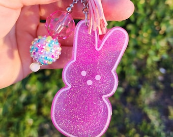 Easter marshmallow bunny Keychain, acrylic key fob, pink bunny glitter key clip, spring bag charm, Easter basket stuffer for teen