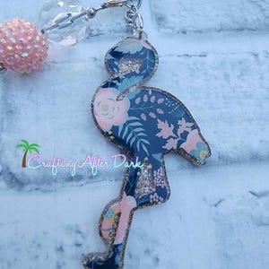 Flamingo Keychain, glitter acrylic key fob, beach key chain, floral keychain, summer accessory, summer gift, floral navy key ring, bag charm