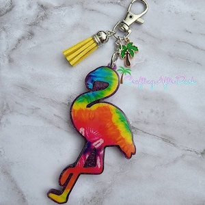 Flamingo Keychain, glitter acrylic key fob, beach key chain, tie dye keychain, summer accessories, summer gift, rainbow key ring, bag charm