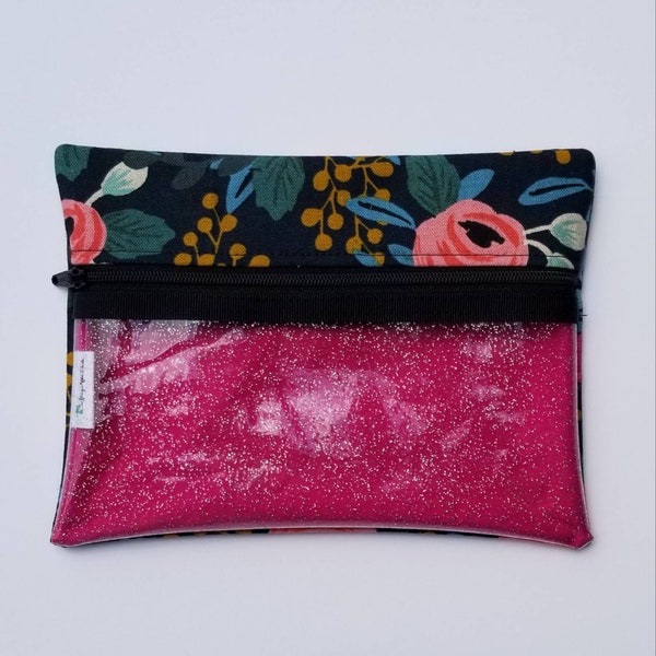 Rifle Paper Co custom pouch, Rosa in Navy Linen floral fabric zipper pouch, clear glitter vinyl first aid bag, Cotton+Steel, pink lined bag