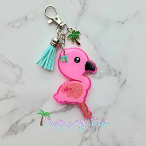 Flamingo Keychain, neon glitter acrylic key fob, beach key chain, baby animal keychain, summer accessories, bird key ring, bag charm