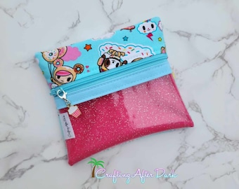 Tokidoki Custom Glitter Mini Pouch, Cotton Candy Fabric, Donutella Vinyl Zip Sparkle Clear Zipper Bag, Diaper Bag Accessory