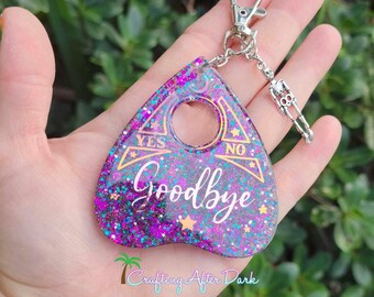 Planchette Keychain, Talking Board keychain, spooky glitter acrylic key fob, cute Halloween key chain, Spirit bag charm, acrylic bag charm