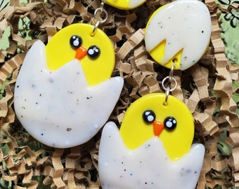 Yellow Duck Chick Chicken Glass Bead Earrings  on silver Peep Peep
