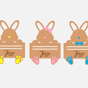 May include: Three brown bunny rabbit figures holding signs with the name "Jesse" written on them. The bunny on the left has yellow paw prints, the middle bunny has pink paw prints, and the bunny on the right has blue paw prints.