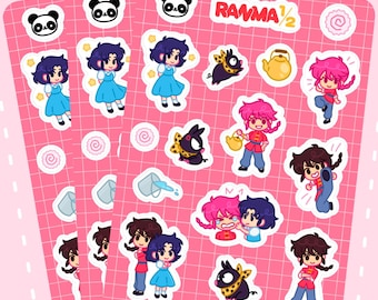 May include: A set of three pink and white sticker sheets featuring characters from the anime series "Ramma 1/2". The stickers feature various characters, including a panda, a girl with pink hair, and a boy with black hair. The stickers are printed on high-quality vinyl and are perfect for decorating laptops, water bottles, and other surfaces.