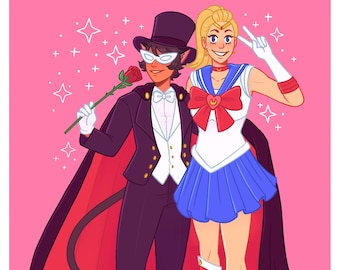 May include: A digital illustration of two figures in a romantic pose. The figure on the left is wearing a black tuxedo with a red cape and a black mask. The figure on the right is wearing a blue and white sailor uniform with a red bow and a yellow star on her forehead. The background is pink with white stars.
