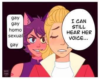 May include: A cartoon illustration of two women. One woman has purple hair and cat ears, and is wearing a purple and black outfit. The other woman has blonde hair and is wearing a red and white outfit. The woman with blonde hair has a speech bubble that says "I can still hear her voice..."