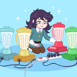 May include: Cartoon illustration featuring a person with dark hair and a teal outfit, surrounded by four blenders in teal, yellow, red, and green. The blenders are connected to a power strip. The artist's name, KATE FARR, is on the yellow blender.