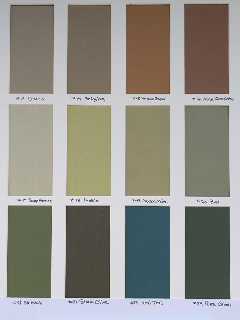 May include: A color swatch card featuring twelve rectangular samples arranged in three rows. The colors include shades of beige, brown, olive, green, and teal. Each swatch is labeled with a number and a name, such as #13 Umbria, #14 Hedgehog, #15 Brown Sugar, #16 Milk Chocolate, #17 Sage Advice, #18 Pickle, #19 Guacamole, #20 Bud, #21 Spinach, #22 Sierra Olive, #23 Real Teal, and #24 Forest Green.