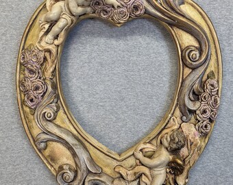 8x10 Frame (Approximate Size) Very Ornate with Cherubs Heavy Plaster Heart Shape with Optional Glass OR MIRROR and Custom Cut Matting