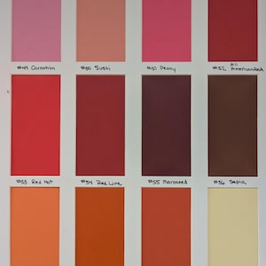 May include: A color swatch chart featuring twelve rectangular samples arranged in three rows. Colors include pink, coral, red, maroon, brown, orange, and cream. Each swatch is labeled with a number and name, such as #49 Carnation, #50 Sushi, #51 Peony, #52 American Red, #53 Red Hot, #54 Red Line, #55 Marooned, #56 Sepia, #57 Mandarin, #58 Orange Ade, #59 Hot Sauce, and #60 Omelet.