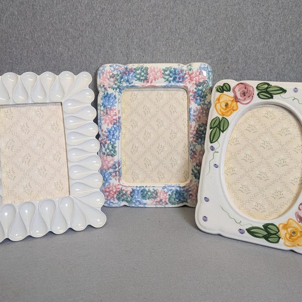 Ceramic Photo Frames SET OF THREE White 5x7 and 4x6 with Choice of Glass