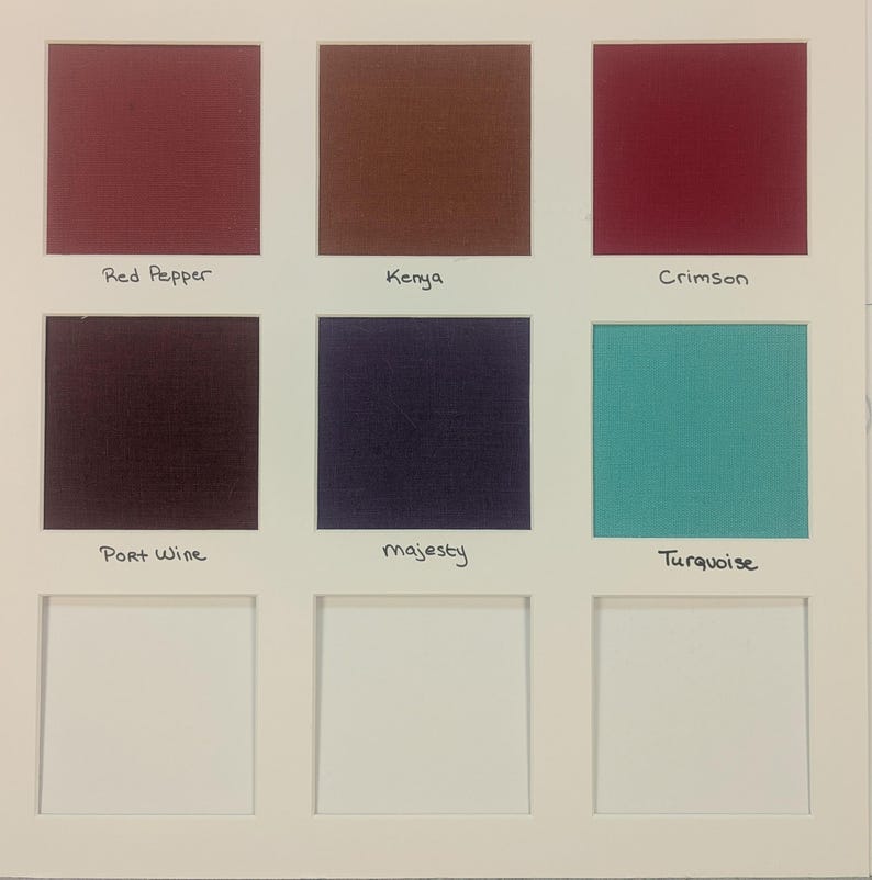 May include: A colour swatch card featuring six fabric squares in Red Pepper, Kenya, Crimson, Port Wine, majesty, and Turquoise, arranged in a grid with three empty white squares at the bottom. Each colour is labelled with its corresponding name.