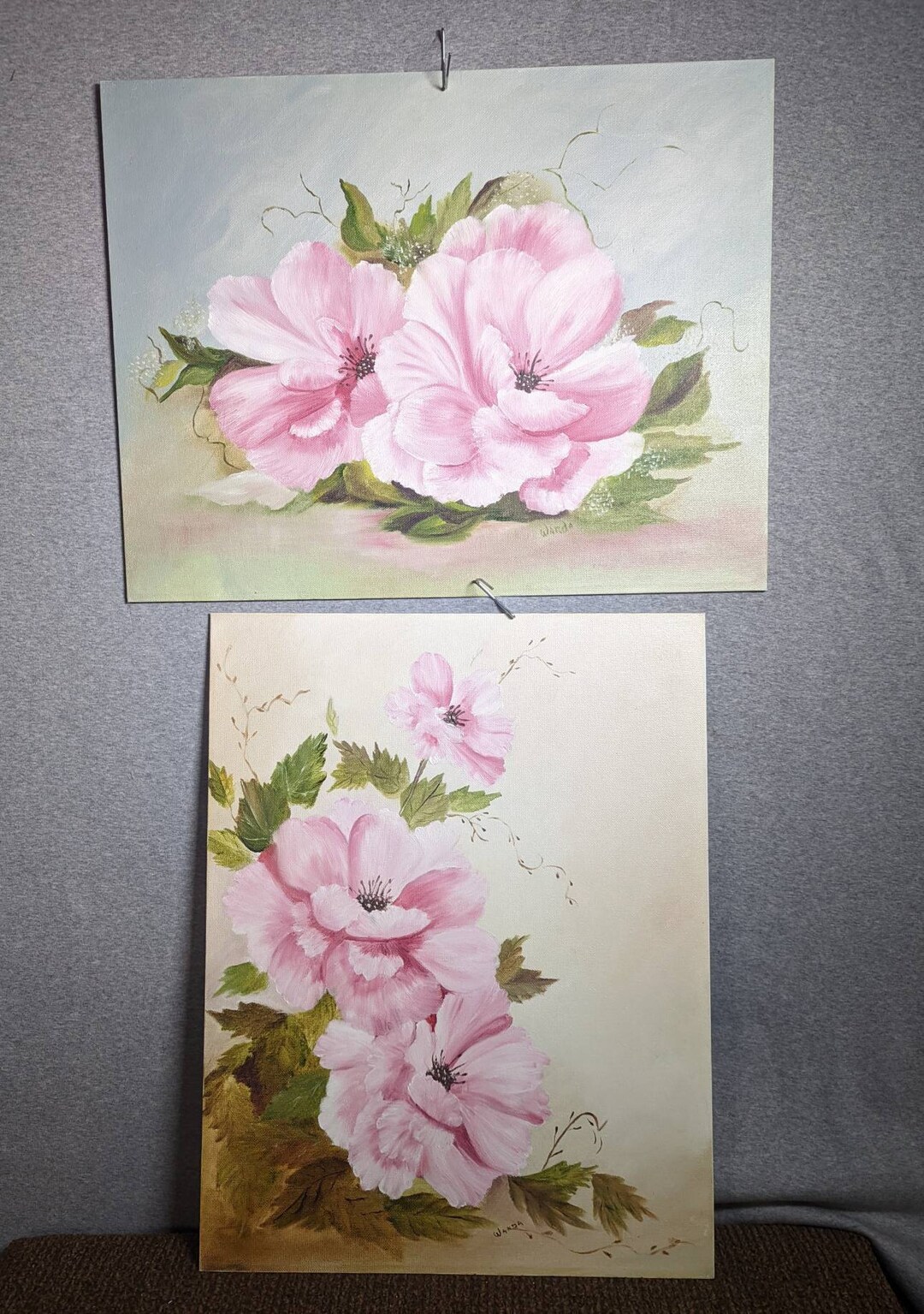 SET OF TWO Original Paintings Vintage Pink Flowers Hibiscus Etsy