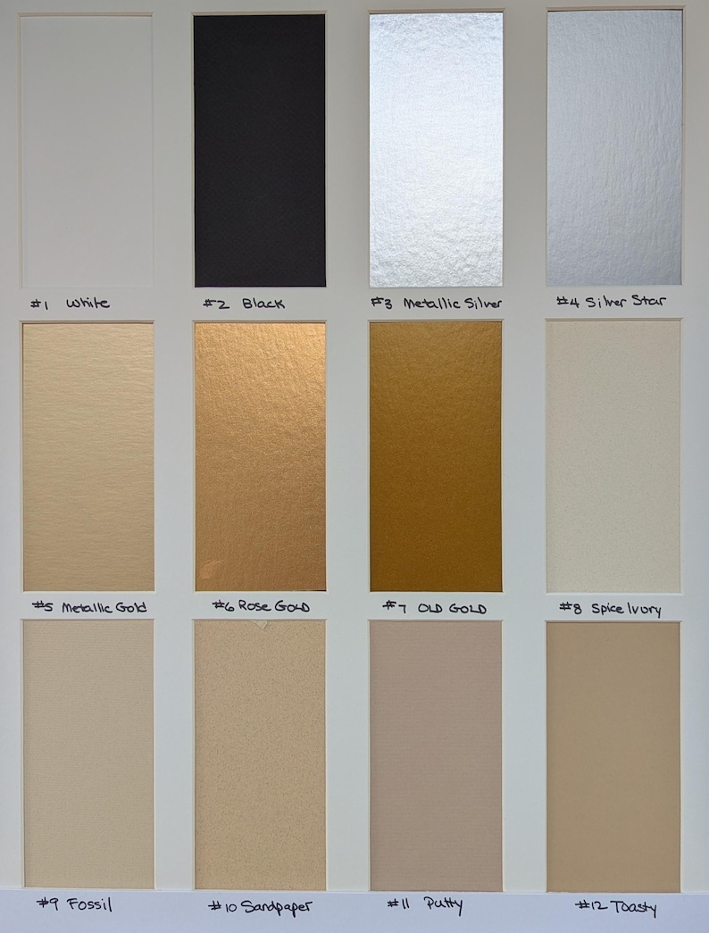 May include: A color swatch chart featuring twelve rectangular samples labeled #1 White, #2 Black, #3 Metallic Silver, #4 Silver Star, #5 Metallic Gold, #6 Rose Gold, #7 Old Gold, #8 Spice Ivory, #9 Fossil, #10 Sandpaper, #11 Putty, and #12 Toasty.