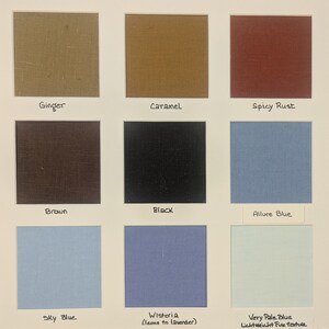 May include: A fabric colour swatch card featuring nine square samples in ginger, caramel, spicy rust, brown, black, allure blue, sky blue, wisteria, and very pale blue. Each square is labelled with its corresponding colour name in black ink.