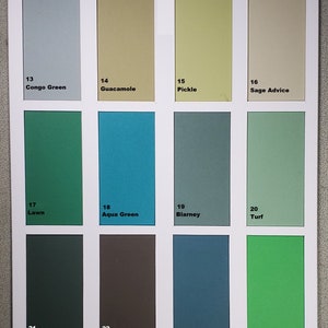 May include: A color chart with 12 paint color swatches. The swatches are labeled with numbers and names, including Congo Green, Guacamole, Pickle, Sage Advice, Lawn, Aqua Green, Blarney, Turf, Wm Green, Dark Olive, Real Teal, and Irish Green.