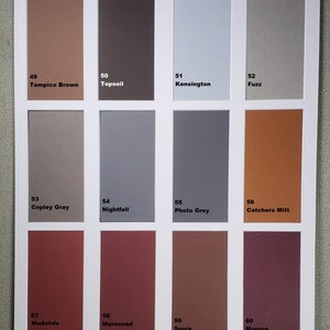 May include: A color chart with 10 paint swatches, each labeled with a number and a name. The colors range from light brown to dark red.