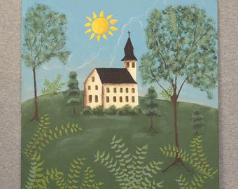 Original Painting Church in Idyllic Setting