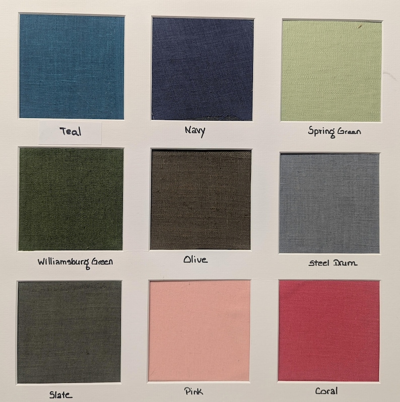 May include: A grid of nine fabric swatches labelled Teal, Navy, Spring Green, Williamsburg Green, Olive, Steel Drum, Slate, Pink, and Coral. Each square displays a distinct solid colour with a visible woven texture, arranged in a three-by-three layout.