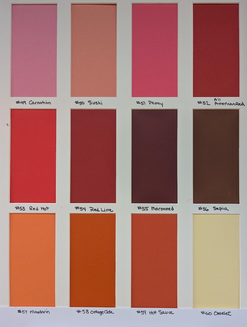 May include: A color swatch chart featuring twelve rectangular samples arranged in three rows. Colors include pink, coral, red, maroon, brown, orange, and cream. Each swatch is labeled with a number and name, such as #49 Carnation, #50 Sushi, #51 Peony, #52 American Red, #53 Red Hot, #54 Red Line, #55 Marooned, #56 Sepia, #57 Mandarin, #58 Orange Ade, #59 Hot Sauce, and #60 Omelet.