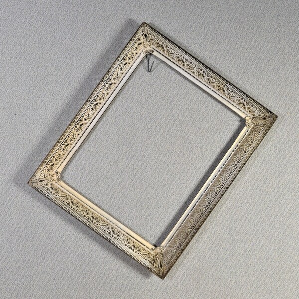 8x10 Frame Vintage Metal Filigree White and Gold Ornate with Optional Glass and Custom Cut Matting