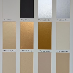 May include: A color swatch chart featuring twelve rectangular samples labeled #1 White, #2 Black, #3 Metallic Silver, #4 Silver Star, #5 Metallic Gold, #6 Rose Gold, #7 Old Gold, #8 Spice Ivory, #9 Fossil, #10 Sandpaper, #11 Putty, and #12 Toasty.