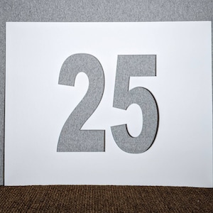 May include: White card with the number 25 cut out in gray.
