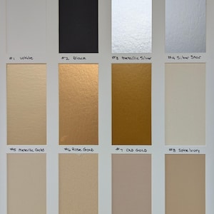 May include: A color swatch chart featuring twelve rectangular samples labeled #1 White, #2 Black, #3 Metallic Silver, #4 Silver Star, #5 Metallic Gold, #6 Rose Gold, #7 Old Gold, #8 Spice Ivory, #9 Fossil, #10 Sandpaper, #11 Putty, and #12 Toasty.