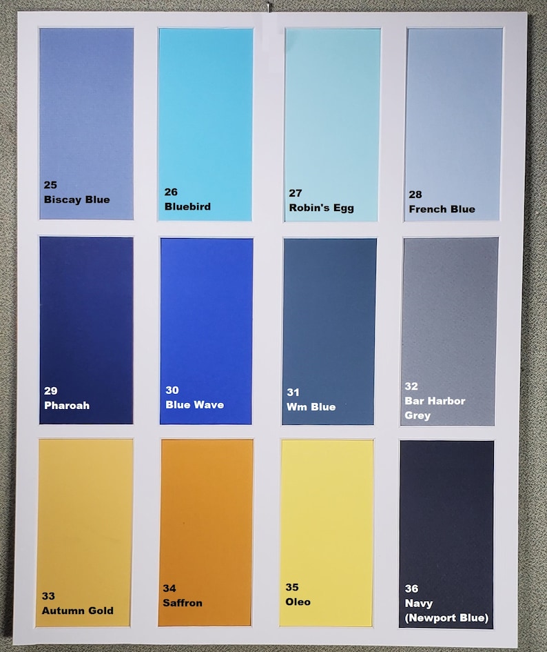 May include: Color chart with 12 paint samples, numbered 25 through 36. The colors include Biscay Blue, Bluebird, Robin's Egg, French Blue, Pharoah, Blue Wave, Wm Blue, Bar Harbor Grey, Autumn Gold, Saffron, Oleo, and Navy (Newport Blue).