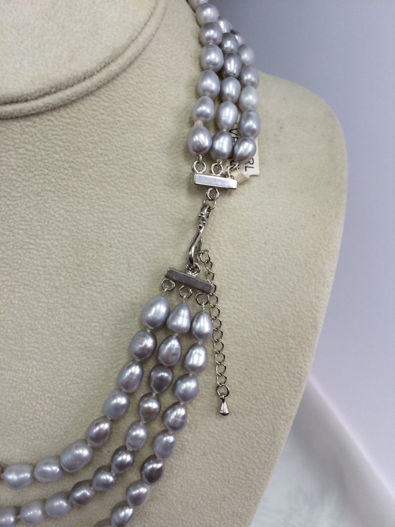 Multi strand Gray Fresh Water Barrel Pearls Necklace with Silver Clasp