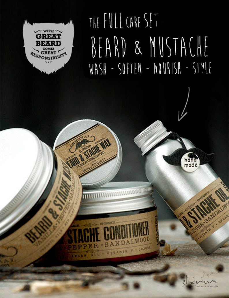 BEARD CARE SET Organic Oil, Wash, Wax & Conditioner for facial hair grooming image 3