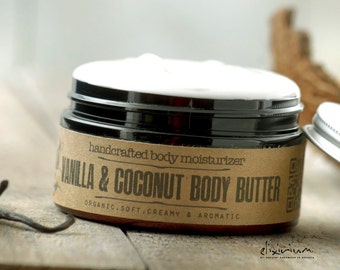 Body Butter VANILLA COCONUT • Organic Vanilla & Coconut body butter moisturizer by Elixirium organic skincare.