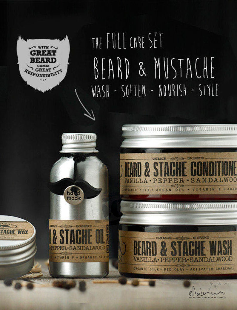 BEARD CARE SET Organic Oil, Wash, Wax & Conditioner for facial hair grooming image 2