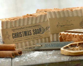 CHRISTMAS SOAP Orange & Cinnamon with Kaolin Clay •Organic Soap Bar, Vegan Soap, Handmade, Rustic soap, clay soap, orange, cinnamon soap