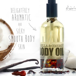 Body Oil VANILLA COCONUT with Hibiscus Organic Body Massage oil for all natural skin care, Body Moisturizer, Spa oil by Elixirium. image 1