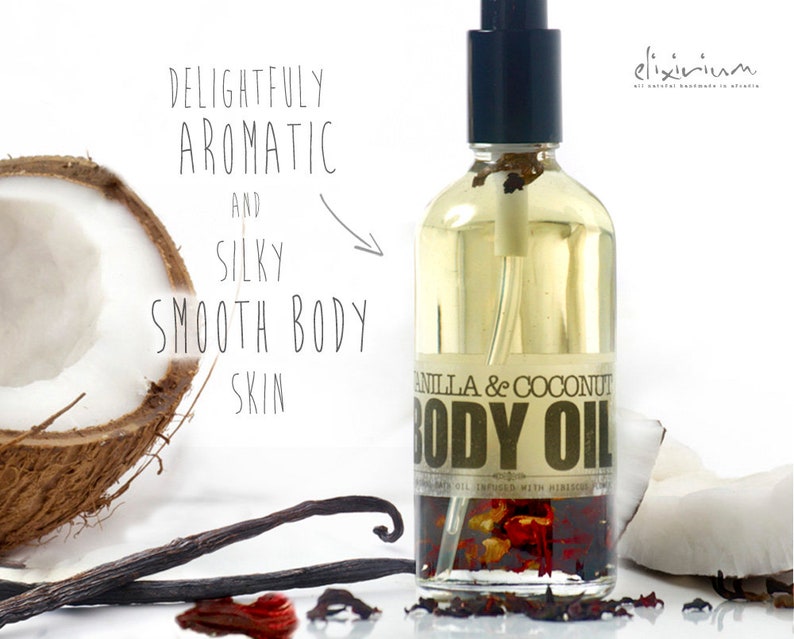 Body Oil VANILLA COCONUT with Hibiscus Organic Body Massage oil for all natural skin care, Body Moisturizer, Spa oil by Elixirium. image 1