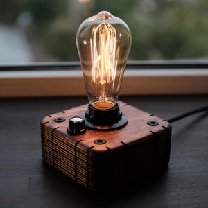 Handmade Wooden Edison Lamp: Steampunk Industrial Dimmer Night Light