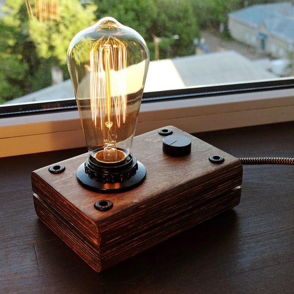 Edison Lamp,Industrial lamp, Steampunk lamp,Wooden Edison Lamp.Retro Edison lamp with dimmer for smooth brightness control