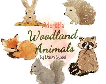 Woodland,Animals,watercolour,hand painting,digital clipart,sticker,cute animals,rabbit,fox,squirrel,hedgehog,raccoon,clipart download,