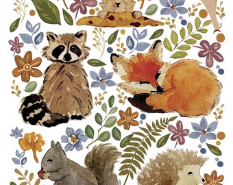 Woodland animal print, digital clipart, fox, rabbit, racoon, hedgehog, squirrel, gift, wall art